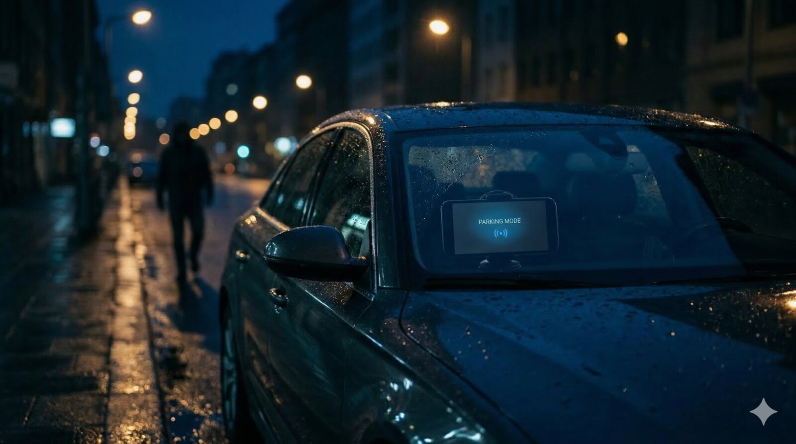 DriveSight parking mode protecting a car at night with motion detection on a dark city street